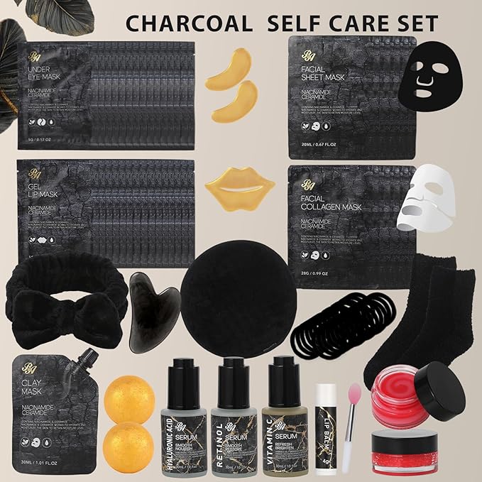 55 Pcs Christmas Gifts for Women & Men, Charcoal Face Sheet Mask Pack, Skin Care Set, Hydrolyzed Real Collagen Mask, Hyaluronic Acid Face Serum, Eye Patches, Self Care Kit, Birthday Gift, Dad, Mom