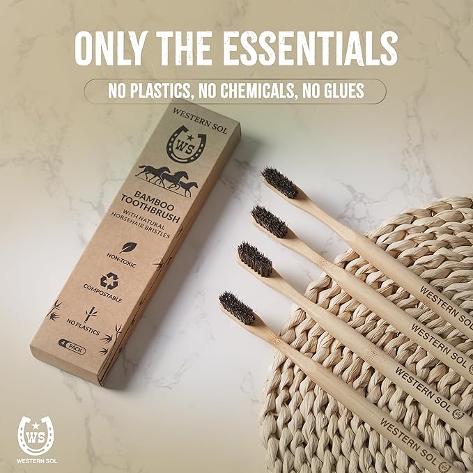 Western SOL Horse Bristle Bamboo Toothbrushes (4-Pack) – Luxury Toothbrush - Plastic-Free, Biodegradable, Eco-Friendly – No Chemicals
