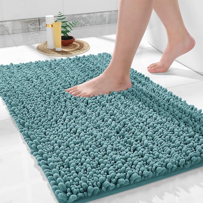 Yimobra Bathroom Rugs Non Slip Washable 24x17 Inch - Ultra Soft Absorbent Chenille Bath Mat, Quick Dry Shaggy Floor Carpet for Tub Shower, Teal Blue Home Decor Accessories