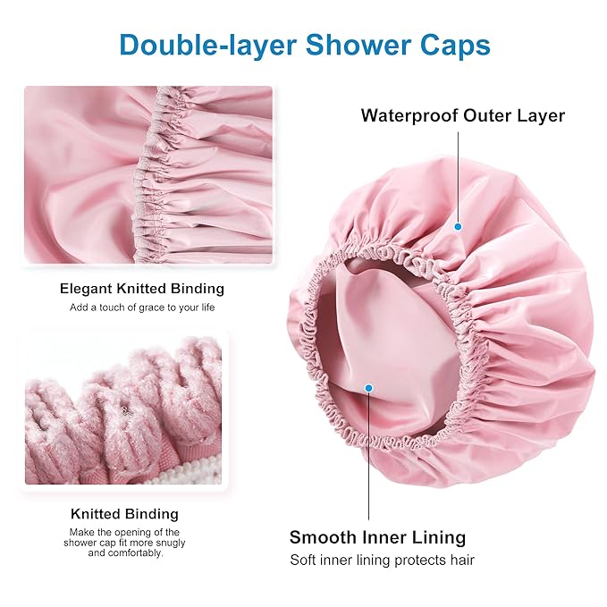 Shower Cap for Women, Double Layer Waterproof Bath Cap, Reusable Hair Protector, Large Waterproof Shower Bonnet Washable Elastic Band Bath Hair Hat for Long Hair, Braids， - Pink