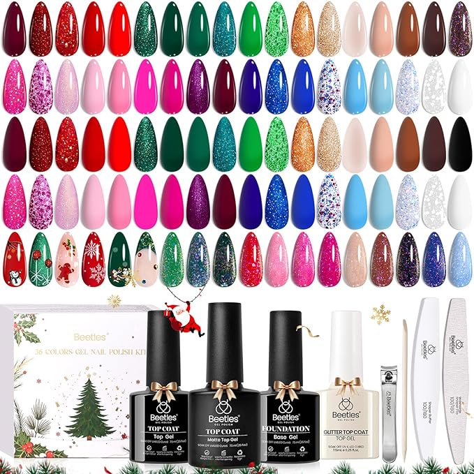 Beetles Christmas Gel Nail Polish Set – Christmas Spectrum Red Green Glitter Gel Polish, 36 Colors Soak Off UV LED Winter Long Lasting Nail Gel Kit for Manicure Gifts for Women