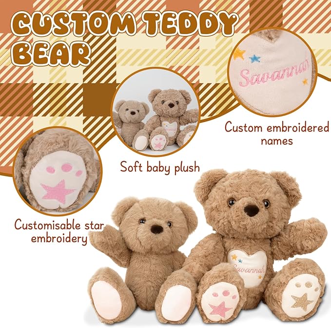 Custom Teddy Bear Stuffed Animal with Embroidered Name, Personalized Stuffed Animals for Babies, Bear Plush Toys for 3 Years Old Girl Gifts, Birthday Christmas for Baby Boys Girls Newborn(Bear)