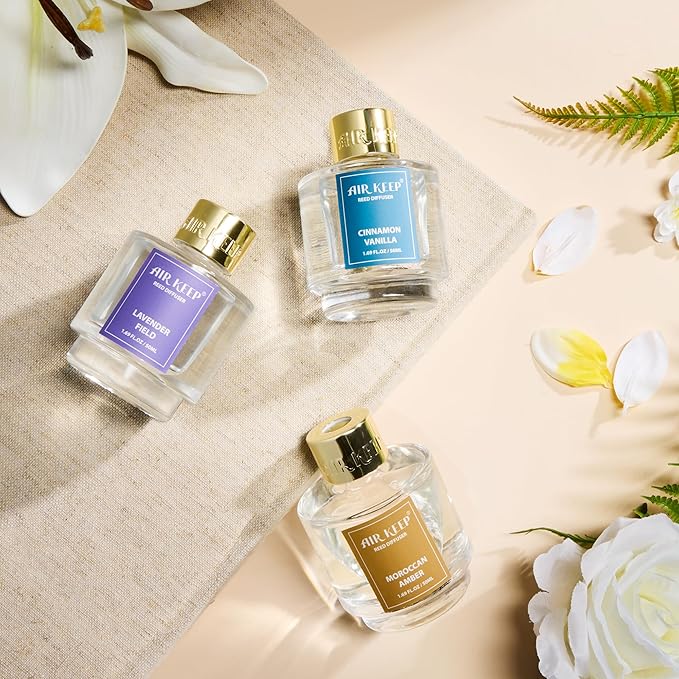 Airkeep Reed Diffuser Set of 3, Cinnamon Vanilla Lavender Field Moroccan Amber Oil Reed Diffusers for Bedroom Living Room Office Aromatherapy Oil Reed Diffuser for Gift 50ml x 3