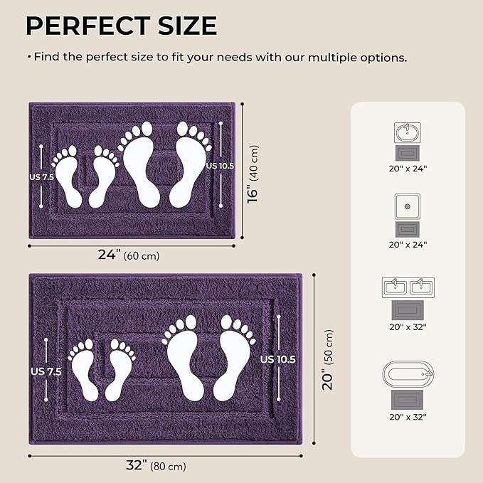 GRANNY SAYS Bathroom Rugs Sets 2 Piece,Soft Bath Mats for Bathroom, Bath Rugs Non Slip Washable, Absorbent Bath Rug for Tub, Shower and Toilet, Bath Mat Set (Purple, 20" x 32" + 16" x 24")