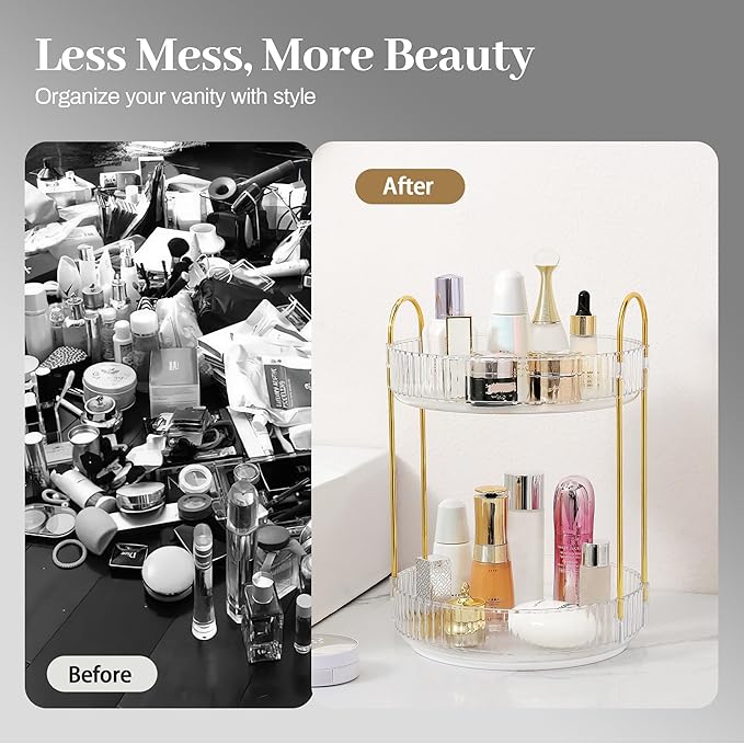 Rotating Makeup Organizer for Vanity, Skincare Make Up Storage Perfume Organizers for bathroom countertop, Clear Cosmetic Organizer for Dresser, Lipstick Hair product Spinning Stand Organizer (2 Tier,