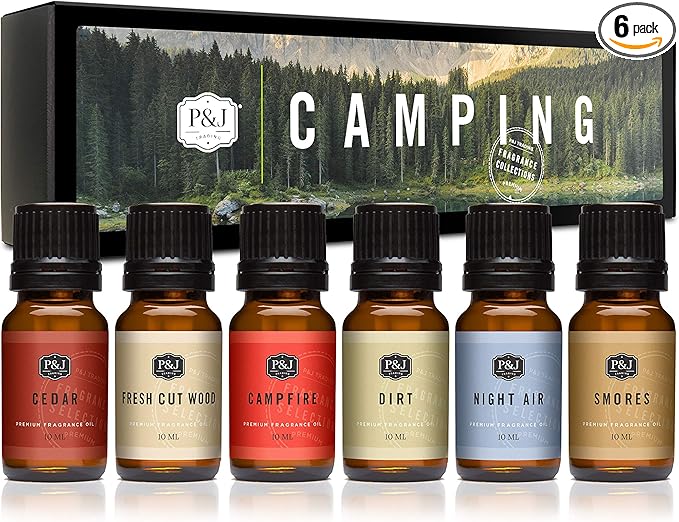 P&J Trading Fragrance Oil Camping Set | Campfire, Smores, Dirt, Fresh Cut Wood, Night Air, and Cedar Candle Scents for Candle Making, Freshie Scent, Soap Making Supplies, Diffuser Oil Scents