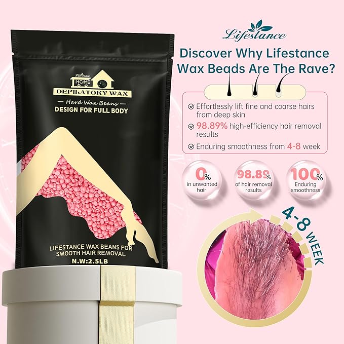 Lifestance Wax Beans Hair Removal Kit, Rose Pink, 2.5lb with 30 Applicators for Eyebrow, Face, Underarm, Bikini Waxing, Women Men Sensitive Skin