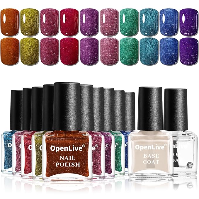 Reflective Nail Polish 12 Colors With Base Coat and Top Coat Glitter Red Bule Purple Green Nail Polish Set Quick Dry Sparkle Winter Manicure Long Lasting for Holiday Gift Giving