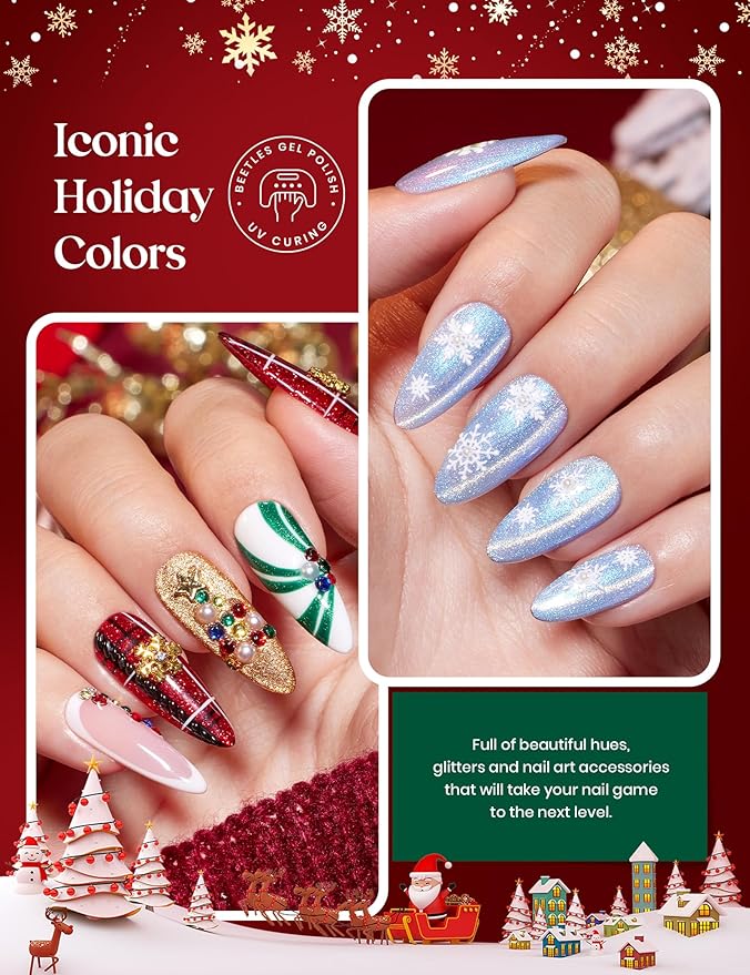 beetles Gel Polish Merry Glitzmas 2025 Christmas Advent Calendar – 24 Days Christmas Countdown Nail Art Set with Mini LED Nail Lamp Base Top Coat and Festive Holiday Surprises Gifts for Women Girls