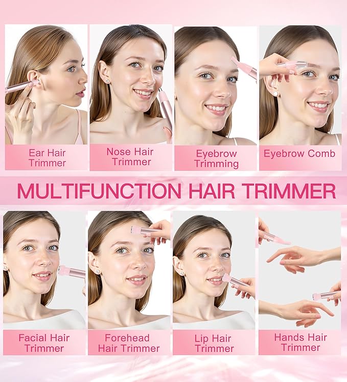 Nose Hair Trimmer for Women 3in1 Facial Hair Removal Trimmers- Rechargeable, Waterproof, Portable with Travel Bag- Trims Nose, Ear, Eyebrow, Peach-Fuzz, Lips, Chin Face Hair Remover (Pink)