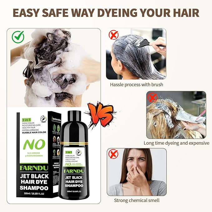 Jet Black Hair Dye Shampoo Ammonia-free & PPD-free, Gray Hair Coverage Natural Herbal 3 in 1 Hair Color Shampoo for Women Men