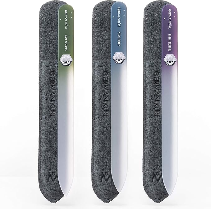 GERMANIKURE Czech Crystal Glass Nail File 3 Pack in Suede Sleeves - Professional Manicure & Pedicure Products for Smooth Easy Shaping of Natural Nails - Ideal Nail Care Gift