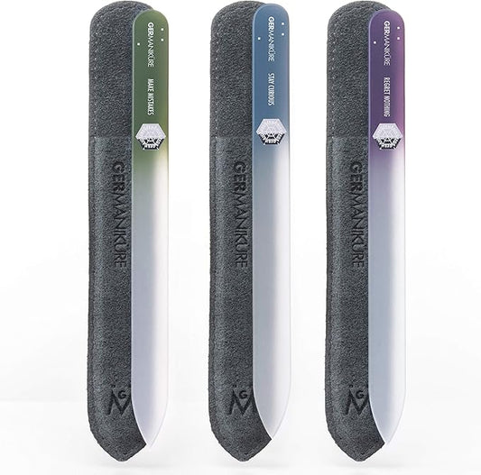 GERMANIKURE Czech Crystal Glass Nail File 3 Pack in Suede Sleeves - Professional Manicure & Pedicure Products for Smooth Easy Shaping of Natural Nails - Ideal Nail Care Gift