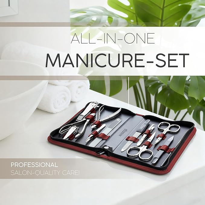 Manicure Set Women and Men – 12-Piece Professional Grooming Kit with Premium Tools, Genuine Leather Case, and exclusive Glass Nail File for Hand & Foot Care, German Quality