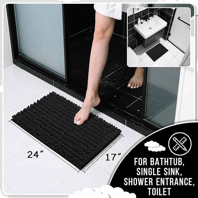 Yimobra Bathroom Rugs Non Slip Washable - Ultra Soft Absorbent Chenille Bath Mat, Quick Dry Shaggy Floor Carpet for Tub Shower, Black Home Decor Accessories, 24x17 Inch