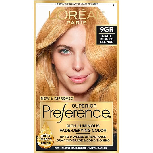 L'Oreal Paris Superior Preference Luminous Fade-Defying Permanent Hair Color, Hair Dye For Up to 9 Weeks of Radiance, Golden Reddish Blonde 9GR, 1 Hair Dye Kit