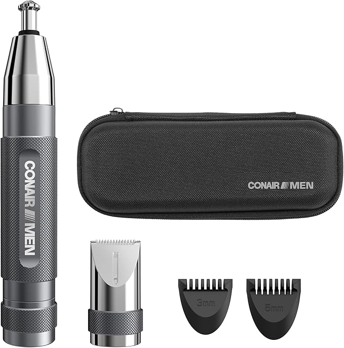 Conair Men Ear, Nose and Eyebrow Trimmer, Patented 360° Bevel Blade for No Pulls, Nicks or Cuts Guaranteed, Nose Hair Trimmer for Men, Non-Slip Grip, 5-Piece Kit with Travel Case