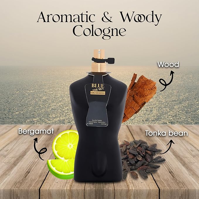 Blue Men Ultra Noir Edtion Sensual Woody Fragrance for Men | Long Lasting Cologne Aromatic Scent, Eau de Parfum Natural Spray - Great Holiday Gift, 3.4 Fl Oz/100 Ml