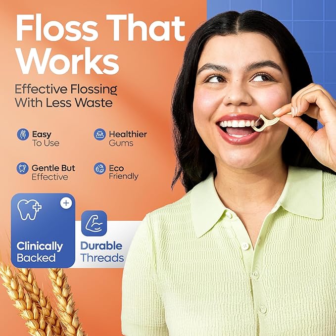 SmartLifeco Eco-Friendly Dual-Thread Dental Floss Picks (100ct) - Flossers Made with Straw Wheat Blend, Superior Anti-Shred for Tight Gaps, Tooth Pick Stick for Adults, Soft on Gum & Teeth, Unflavored