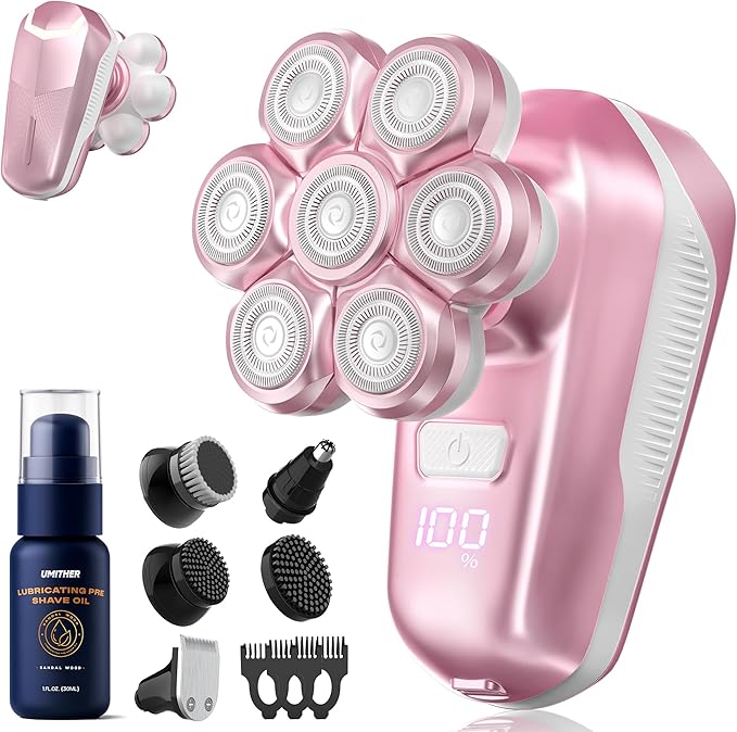 Electric Shaver for Women, Electric Razor with 7D Magnetic Shaver Heads, Wet Dry Waterproof Bald Head Trimmer Kit for Women & Men, Nose Ear Hair Trimmer, USB Rechargeable Clippers, Pink