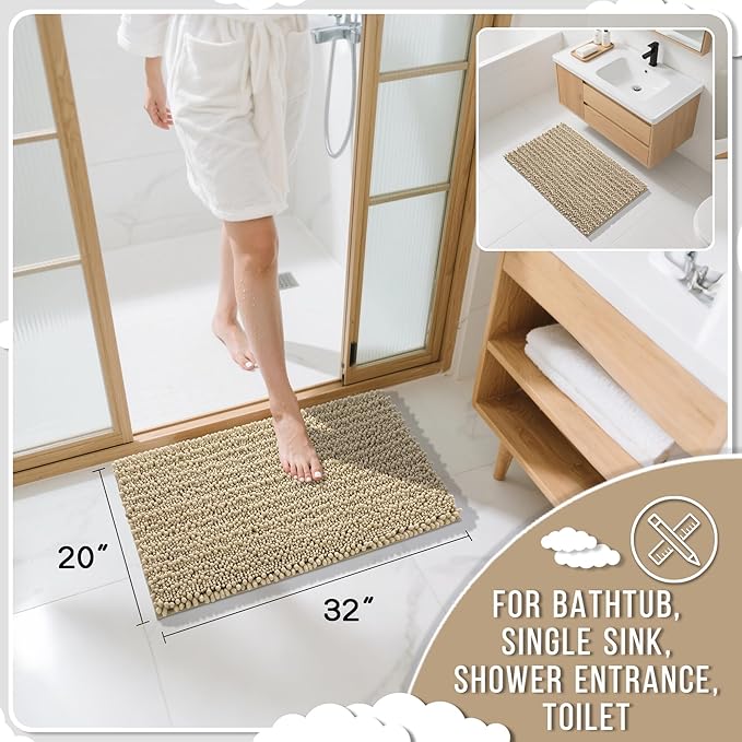 Yimobra Bathroom Rugs Non Slip Washable 32x20 Inch - Ultra Soft Absorbent Chenille Bath Mat, Quick Dry Shaggy Floor Carpet for Tub Shower, Camel Home Decor Accessories