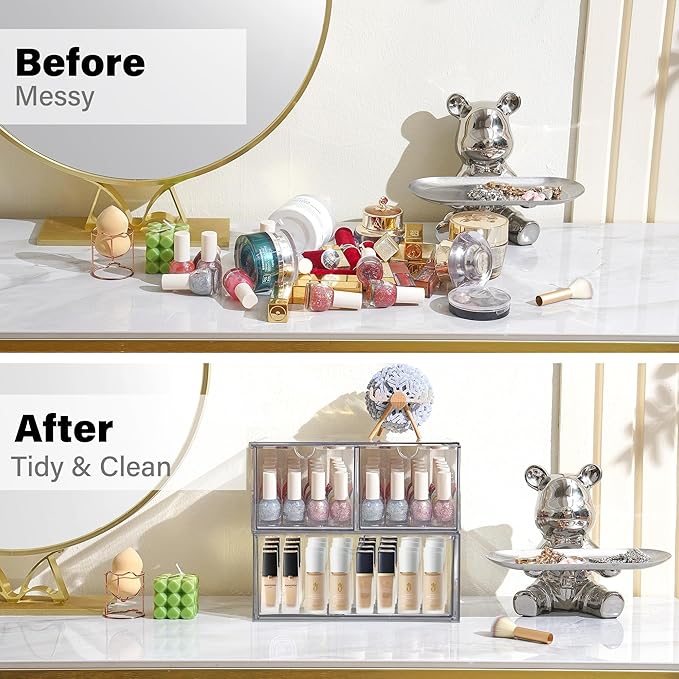 Prsildan Acrylic Drawer Makeup Organizer with 3 Drawers, Clear Stackable Storage for Baby Bottles, Craft, Jewelry & Hair Accessories, Multi-Use for Vanity, Countertop, Office Desk Organization