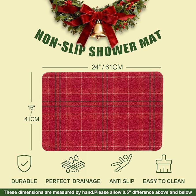 Christmas Non-Slip Bathtub Mat, Anti Slip Shower Mat, Fast Drying Bathtub Mats, Foot Scrubber Mat, Anti Slip Mat for Tub, Floor, Bathroom, Kitchen, Home, Hotel (Holiday Plaid, 24"x16")