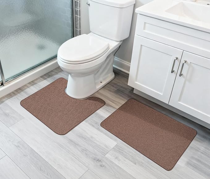 Bathroom Rugs Set 2 Pieces,Thin Bathroom Mats,Toilet Rugs,Quick Dry,Non-Slip,Machine Washable,Low Pile,Absorbent Bath Mats,Shower,Sink,Home Decor Accessories.Brown,1'5"x2'3"+1'8"x2" U Shape