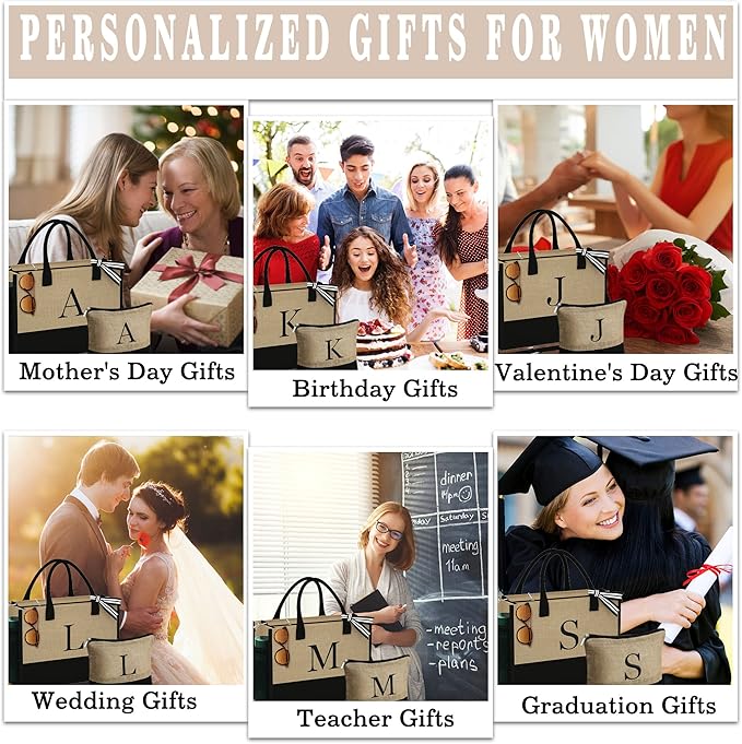 YOOLIFE Christmas Gifts for Women - Initial Jute Tote Bag & Makeup Bag, Birthday Gifts for Women Mom Wife Teacher Friend