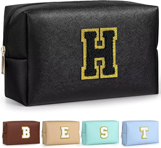 TOPEAST Preppy Bag, Monogrammed Makeup Bags with Zipper, Cute Makeup Pouch, Initial Birthday Gifts Bag for Daughter Friends Sister, Preppy Things for Girls (Black H)