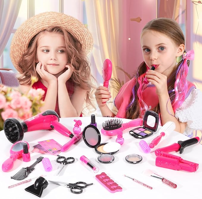 Hair Salon Toys for Girls, 36PCS Kids Pretend Play Makeup Sets, Dress Up Beauty Hair Stylist Toy Kit with Barber Apron, Hair Dryer, Curling Iron, Mirror, Scissors and Styling Accessories