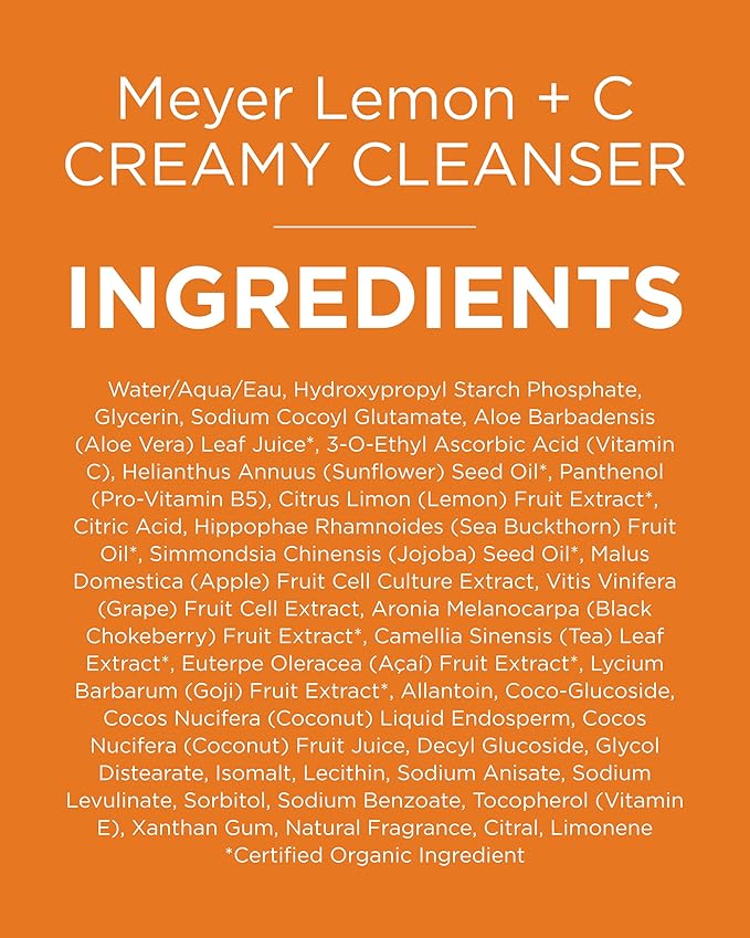 Andalou Naturals Brightening Meyer Lemon + Vitamin C Creamy Cleanser | Gentle Face Wash to Even Tone & Boost Glow | Aloe Vera & Natural Ingredients | For Dull Skin | 6 oz