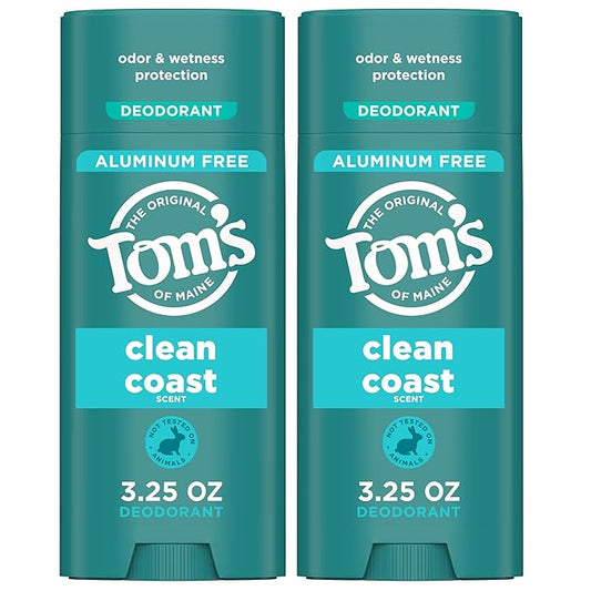 Tom’s of Maine Clean Coast Aluminum Free Natural Deodorant For Women & Men | Goes on Clear | Odor & Wetness Protection | Naturally Derived and Moisture-Locking Ingredients | 3.25 oz (2 Pack)
