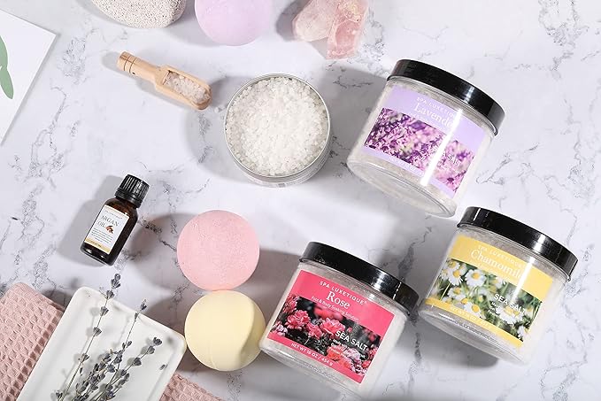 spa luxetique Bath Salts, 8pcs Bath Salts Gift Set with Argan Oil, Bath Bombs, Wooden Scoop, Epsom Salt for Soaking in Lavender, Rose, Chamomile Scent, Mother's Day Gifts