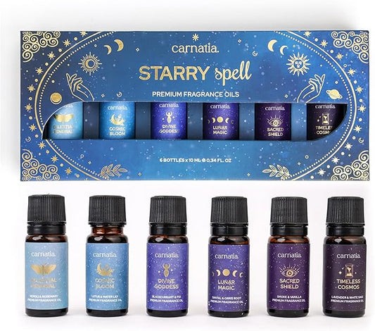 Carnatia Starry Spell Fragrance Oil Set – 6 Magical & Calming Aromatherapy Blends for Stress Relief, Relaxation & Emotional Wellness | Mystical Fragrance Oils for Diffusers, Massage & Meditation