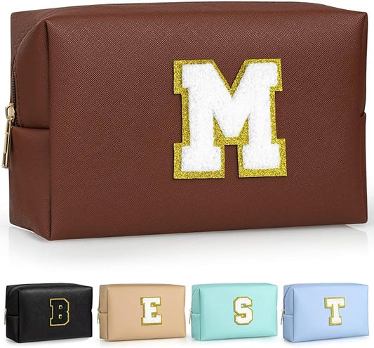 TOPEAST Monogrammed Gifts for Women, Preppy Makeup Bag Small Cosmetic Bag Travel Toiletry Bag, Personalized Birthday Gift for Girl, Wedding Bridal Shower Gifts for Bridesmaids (Brown M)