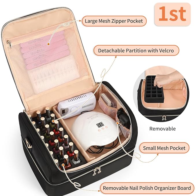 CUBETASTIC Nail Polish Organizer, Nail Tech Organizers and Storage Case Holds 69 Bottles Nail Polish & Nail Lamp, Travel Nail Supplies bag for Nail Tech Kit & Manicure Tools, Black