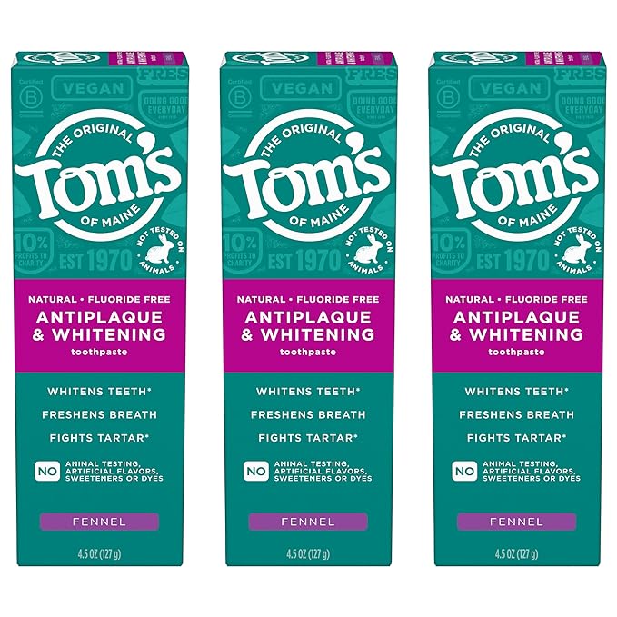 Tom’s of Maine Antiplaque and Whitening Toothpaste, Fluoride Free, Fennel, 3 Pack, 4.5 Oz