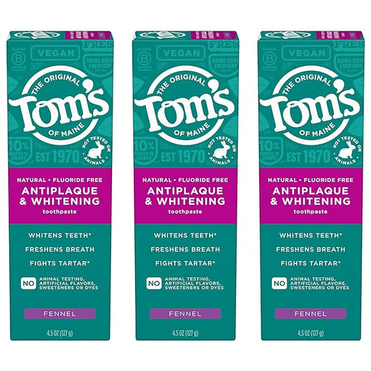 Tom’s of Maine Antiplaque and Whitening Toothpaste, Fluoride Free, Fennel, 3 Pack, 4.5 Oz