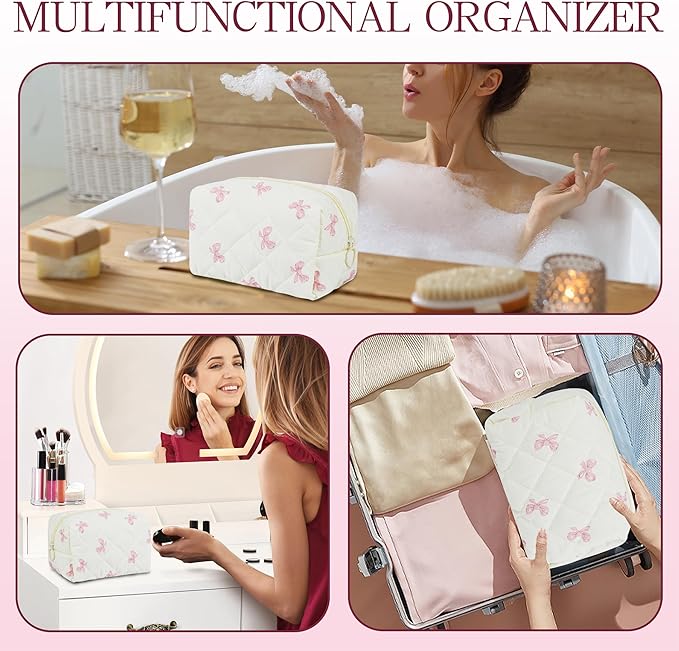 Quilted Makeup Pouch,Cotton Puffy Makeup Bag, Coquette Cosmetic Bag for Women and Girls, Aesthetic Organizer Bag, Cute Flower Travel Toiletry Bag