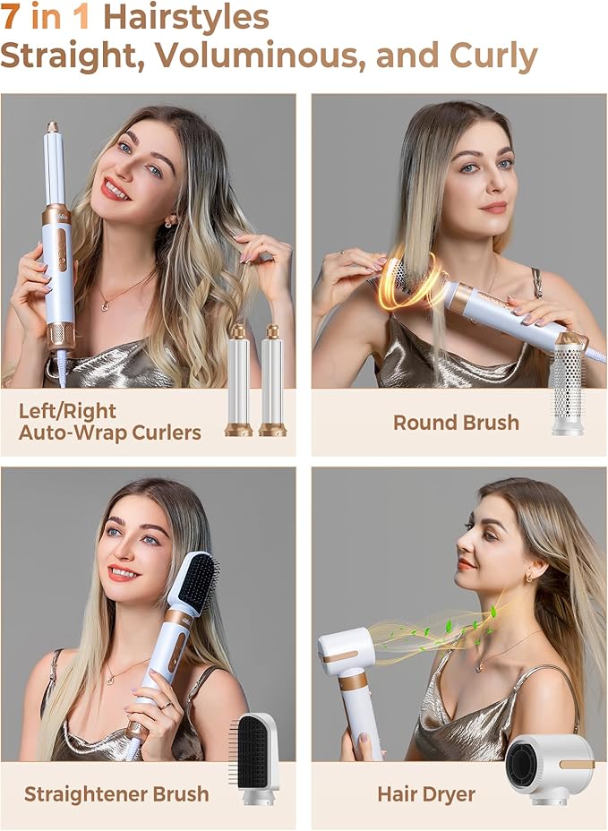 UKLISS Hair Dryer Brush 7 in 1，110000 RPM Hair Dryer with Diffuser for Curly & Twisted Hair Professional Ionic Brush Blow Dryer for Salon-Quality Styling, White Gold