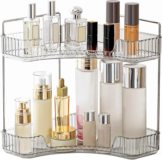 YCIA&DONE Corner Bathroom Counter Organizer, Makeup Organizer for Vanity, Skincare Cosmetic Perfume Tray, Corner Countertop Shelf Rack Storage for Bathroom Kitchen 2 Tiers (Smoky Gray)