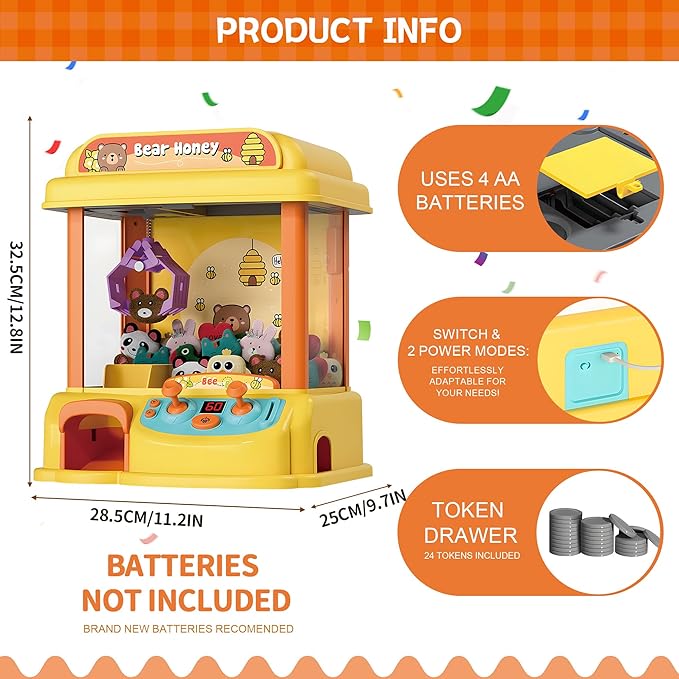 Kids Claw Machine - Toy Vending Machine for Kids with Plush Prizes, Lights & Sound, Electronic Claw Game Machine for Boys & Girls, Arcade Prize Dispenser for Party & Birthday Gifts