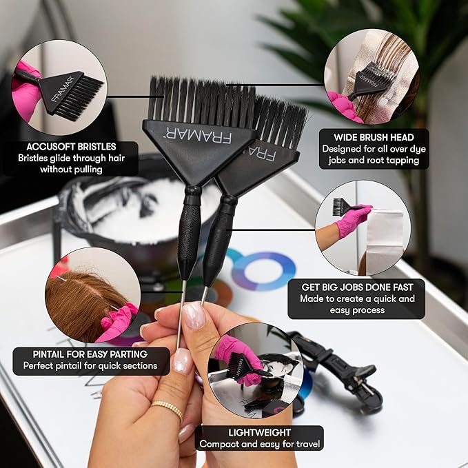 Framar Pin Tail Hair Color Brush Set - Hair Dye Brush Kit, Hair Coloring Brushes for Hair Stylist, Tint Brushes for Hair Color, Easy for Sectioning and Parting Hair - 2 Pack Black