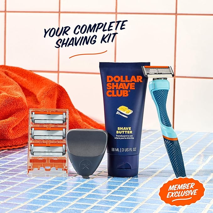 Dollar Shave Club | The Member Exclusive Shave Set | 4 Swift Rinse Refill Cartridges, 1 Handle (Blue), 1 Shave Butter 3 ounce, 1 Razor Cover, Razors for Men
