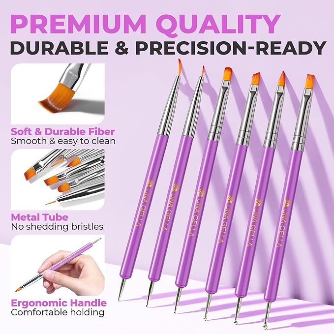 UNA GELLA Nail Art Pens 6PCS Purple Color Double-ended Acrylic Nail Brush Set Nail Dotting Tools Nail Art Design Brushes for Gel Polish, Liner, Drawing, Dotting and Detailing French Tip Tool
