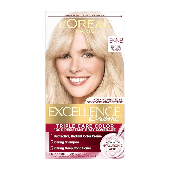 L'Oreal Paris Excellence Crème Permanent Hair Dye, Triple Care Hair Color with Pro-Keratine Complex for 100% Gray Hair Coverage, 9.5NB Lightest Natural Blonde, 1 Kit
