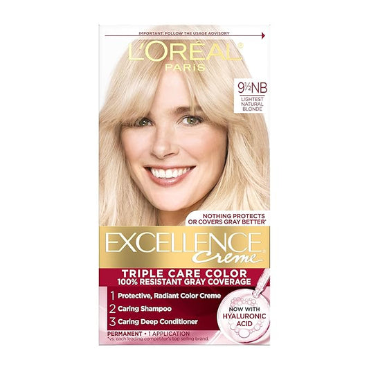 L'Oreal Paris Excellence Crème Permanent Hair Dye, Triple Care Hair Color with Pro-Keratine Complex for 100% Gray Hair Coverage, 9.5NB Lightest Natural Blonde, 1 Kit