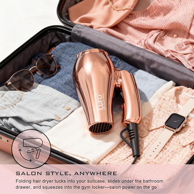 LURA Dual Voltage Travel Hair Dryer with Diffuser,Travel Blow Dryer Mini with EU Plug and UK Plug,Lightweight Portable Hairdryers with Folding Handle,1200W Compact Small Blowdryers for Women