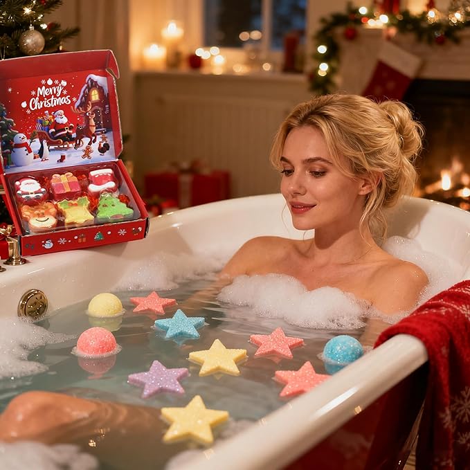 Christmas Bath Bombs for Kids & Women, Handmade Bath Bomb Gift Set of 12 Festive Shapes, Perfect Stocking Stuffers for Teen Girls & Boys, Skin Care Bathbombs as Christmas Gifts for Kids